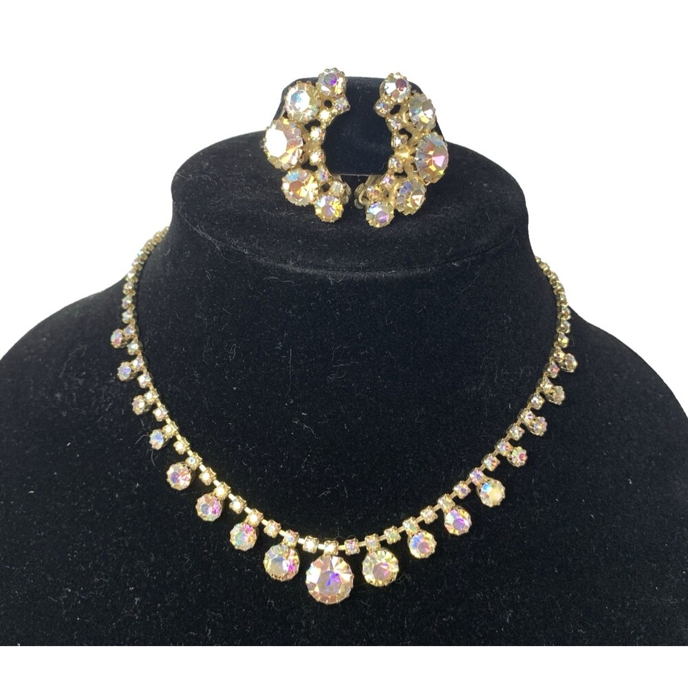Vintage AB Rhinestone Necklace Earrings Set Gold Tone Statement Bridal Glam